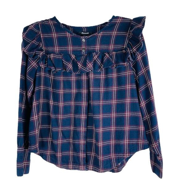 Madewell blue burgundy plaid flannel ruffle button front shirt oversized small - Picture 1 of 6
